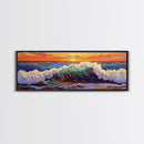 Breaking Wave Art, Sunset Ocean Surf, Bold Seaside Motion, Vibrant Coastal Palette, Framed Canvas Print, Bathroom Beach Decor