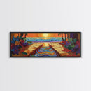 Sunset Path, Ocean View, Tropical Flowers, Canvas Print, Vibrant Beach House Wall Art, Bold Color Decor, Coastal Living Room Art