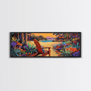 Peaceful Beach Chair, Vibrant Sunset Retreat, Tropical Escape Wall Art, Framed Canvas Print, Vacation Home Decor, Boho Island Artwork