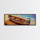 Floral Canoe Painting, Beachside Dock Art, Coastal Decor Accent, Canvas Print, Nautical Wall Art, Boho Beach House Living Room