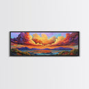 Sunset Waves, Vibrant Clouds, Mountain Sea View, Framed Canvas Print, Colorful Seascape Art, Moody Bedroom Decor, Ocean Landscape
