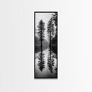 Twin Pines, Forest Reflection, Misty Lake, Black and White Nature, Framed Canvas Print, Living Room Wall Art, Nature Photography, Zen Decor