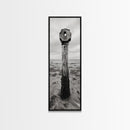 Driftwood Totem, Coastal Pillar, Ocean Beach Monochrome, Framed Canvas Print, Rustic Wall Art, Boho Bedroom Decor, Nature Photography