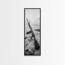 War Relic, AK Rifle, Surreal Beach Scene, Framed Canvas Print, Bold Statement Art, Bachelor Pad or Office Decor, Rustic Industrial Style