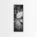 Peaceful Creek, Snow Trees, Winter Flow, Framed Canvas Print, Rustic Nature Art, Farmhouse Wall Decor, Serene Entryway Accent, Bedroom Decor