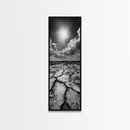 Cracked Earth, Sunburst Sky, Natural Texture, Desert Landscape, Framed Canvas Print, Rustic Decor, Earth Tone Art, Office Wall Art