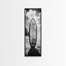 Surfboard Vertical, Sandy Beach, Coastal Rocks, Ocean Horizon, Framed Canvas Print, Surf Art, Dorm Room Decor, Tropical Vibe