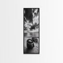 Coastal Bag, Driftwood Rock, Stormy Sea, Framed Canvas Print, Moody Beach Wall Art, Minimalist Decor, Ocean Vibe Photography