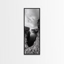 Seaside Cliffscape, Ocean Horizon, Monochrome Nature Scene, Framed Canvas Print, Coastal Living Room Art, Modern Rustic Wall Decor