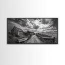 Seaside Village, Driftwood Cabins, Coastal Road, Vintage Fishing Town, Framed Canvas Print, Rustic Kitchen Wall Art, Moody Monochrome