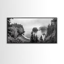 Misty Coastal Cliffs, Ocean Horizon, Monochrome Art, Nature Landscape, Canvas Print, Rustic Living Room Decor, Moody Wall Art, Black and White