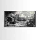Old Fishing Harbor, Weathered Boats, Coastal Village Scene, Canvas Print, Nautical Kitchen Wall Art, Maritime Black and White Decor