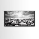 Pebble Beach Sunrise, Serene Rock Shore, Ocean Horizon Light, Framed Canvas Print, Bathroom Wall Art, Minimalist Coastal Decor
