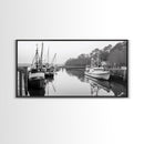 Fishing Boats Docked, Quiet Harbor Scene, Nautical River View, Framed Canvas Print, Kitchen Wall Art, Rustic Coastal Decor, Lodge Wall Art