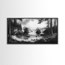 Coastal Forest View, Mountain Sea Horizon, Romantic Nature Scene, Framed Canvas Print, Living Room Wall Art, Vintage Landscape