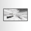 Snowy Coastal Boat, Rustic Winter Landscape, Farmhouse Wall Art, Neutral Tones, Canvas Print, Entryway or Fall Seasonal Decor