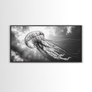 Jellyfish In Light, Ocean Life Art, Monochrome Sea Creature, Canvas Print, Coastal Bathroom Wall Art, Marine Modern Decor, Office Wall Art