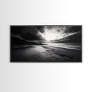 Stormy Coast, Dramatic Sky, Ocean Dusk, Monochrome Landscape, Framed Canvas Print, Bedroom Wall Art, Minimalist Coastal Decor