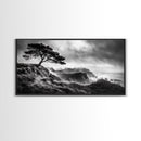 Lone Tree, Foggy Cliffs, Dramatic Landscape, Moody Sky, Framed Canvas Print, Nature Wall Art, Cabin Decor, Autumn Coastal Vibes