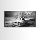 Coastal Tree, Tidal Shore, Windswept Beauty, Natural Balance, Framed Canvas Print, Bedroom Wall Art, Boho Decor, Serene Seascape