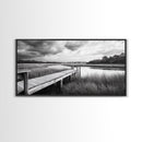 Marsh Dock Scene, Tranquil Water Landscape, Rustic Pier Canvas Print, Black and White Nature, Entryway Art, Coastal Country Home Decor