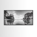 Sea Stacks, Calm Waters, Coastal Trees, Tranquil Morning, Framed Canvas Print, coastal wall art, nature inspired, entryway decor