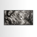 Woodland Trail, Autumn Path, Tree Tunnel, Rustic Outdoor Vibe, Framed Canvas Print, Entryway Nature Art, Moody Forest Decor