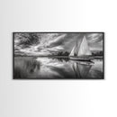 Sailboat Reflection, Tranquil River, Nautical Scene, Black White, Framed Canvas Print, Coastal Decor, Beach House Wall Art, Ocean Minimalism