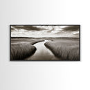 Winding River, Marsh Grass, Nature Path, Sepia Tones, Framed Canvas Print, Country Wall Art, Entryway Decor, Rustic Landscape Aesthetic