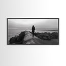 Woman Walking, Jetty View, Seaside Mood, Solitude Moment, Framed Canvas Print, Moody Wall Art, Bedroom Meditation Decor, Boho Decor