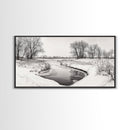 Frozen Stream Scene, Bare Trees Landscape, Black and White Nature Decor, Canvas Print, Winter Wall Art, Neutral Bedroom Accent