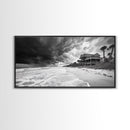 Stormy Beach House, Coastal Decor, Monochrome Photography, Beachfront Scene, Canvas Print, Moody Ocean Wall Art, Bedroom Coastal Wall Decor