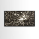 Enchanted Forest Light, Tree Shadows, Nature Landscape, Framed Canvas Print, Rustic Wall Art, Entryway Woodland Decor, Boho Forest Print