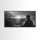 Man Watching Sea, Stormy Ocean View, Emotional Scene, Canvas Print, Moody Coastal Decor, Office Wall Art, Nautical Monochrome Style