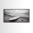 Surfboard, Coastal Shore, Serene Beach, Cloudy Sky, Framed Canvas Print, surfer room decor, rustic beach wall art, neutral home style