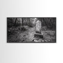 Forest Trail, Stone Marker, Ancient Symbol, Misty Pathway, Framed Canvas Print, cabin decor, woodland art, Autumn wall print, rustic charm