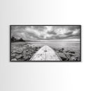 Surfboard, Rocky Shore, Cloudy Sea, Coastal Adventure, Beach Aesthetic, Canvas Print, Minimalist Ocean Art, Nautical Wall Decor, Bathroom Wall Art