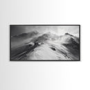 Snowy Peak, Windy Mountain, Winter Landscape, Framed Canvas Print, Black and White Art, Cabin Wall Decor, Moody Alpine Art, Rustic Wall Art
