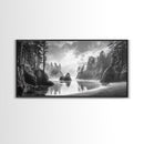 Forest Coast, Secluded Beach, Ocean Rocks, Misty Trees, Framed Canvas Print, Nature Wall Art, Living Room Decor, Moody Landscape