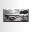 Picnic Table, Ocean Tree, Coastal Path, Windswept Scene, Framed Canvas Print, Rustic Wall Art, Fall Decor, Peaceful Beach Setting