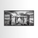 Ocean Pilings, Calm Waters, Cloud Streaks, Sunset Mood, Canvas Print, Minimalist Seascape, Bedroom Wall Art, Serene Beach Decor