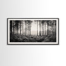 Forest Light Scene, Tall Trees Shadows, Nature Mist Pathway, Framed Canvas Print, Woodland Bedroom Art, Boho Rustic Wall Decor