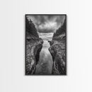 Rocky Waterway, Coastal Reflections, Dramatic Cloudscape, Ocean Nature Print, Framed Canvas Print, Bathroom Wall Art, Modern Rustic Style