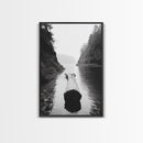 Driftwood Log, River Pass, Nature Silence, Misty Gorge, Framed Canvas Print, Office Wall Art, Modern Nature Decor, Moody Forest Style