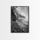 Foggy Coast, Moody Shore, Tranquil Pebbles, Forest Water, Framed Canvas Print, Bathroom Wall Art, Nature Photography Style, Calm Retreat Decor