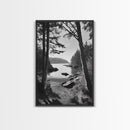 Woodland Cove Path, Tranquil Forest Scene, Nature Escape Art, Canvas Print, Cabin Wall Art, Coastal Boho Decor, Black White Landscape
