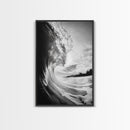 Ocean Wave Curl, Sea Barrel Art, Surf Power Print, Framed Canvas Print, Bathroom Wall Art, Modern Beach Decor, Black White Seascape