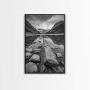 Mountain Lake Log, Alpine Serenity Scene, Tranquil Rock Shore, Canvas Print, Bedroom Wall Art, Nature Retreat, Minimalist Landscape