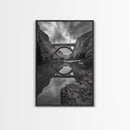 Stone Bridge, Reflections, River Archway, Nature Drama, Framed Canvas Print, Landscape Wall Art, Monochrome Photography, Entryway Art