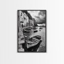 Coastal Village, Fishing Boats, Mediterranean Harbor, Seaside Charm, Framed Canvas Print, Nautical Kitchen Wall Art, Fall Decor Accent